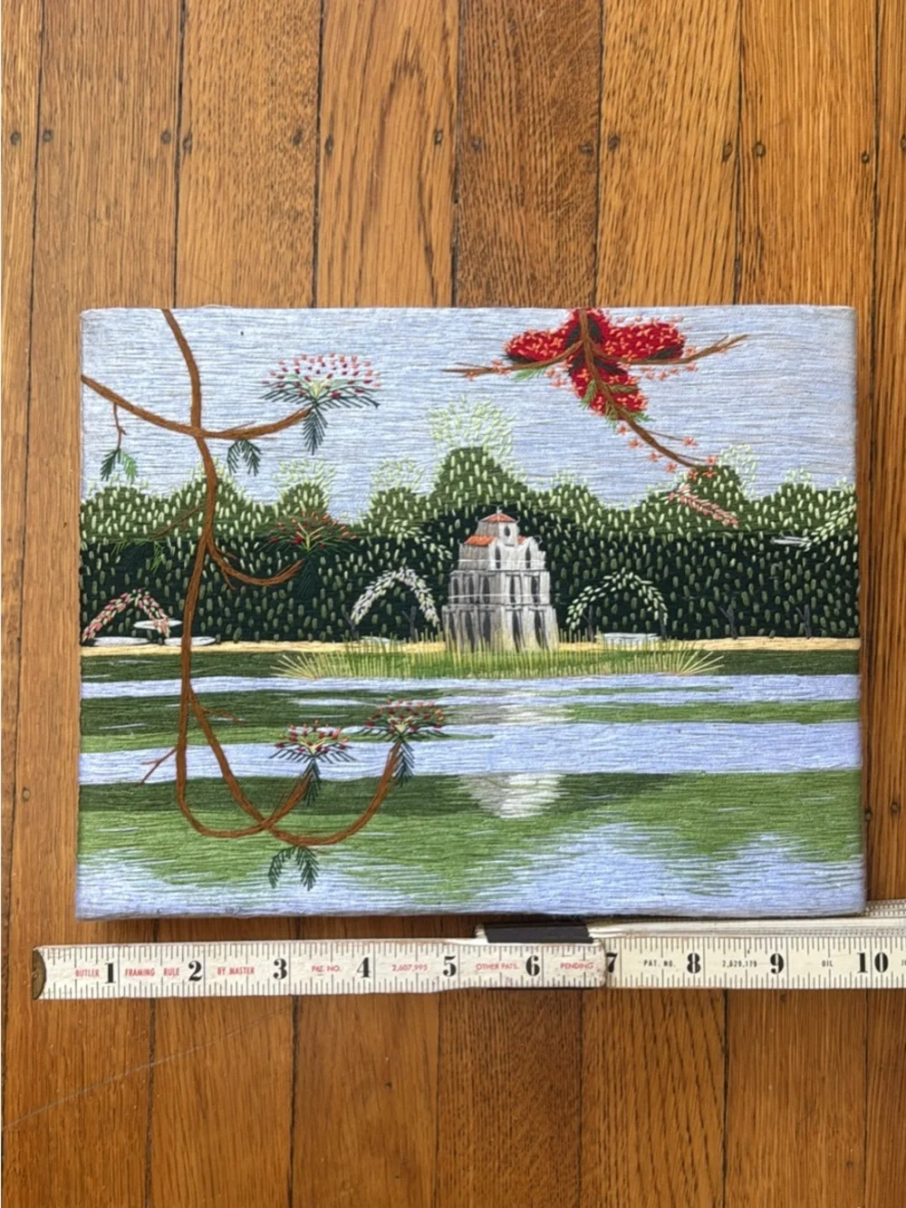 Vintage Embroidered Landscape Wall Art in Green, Blue and Red